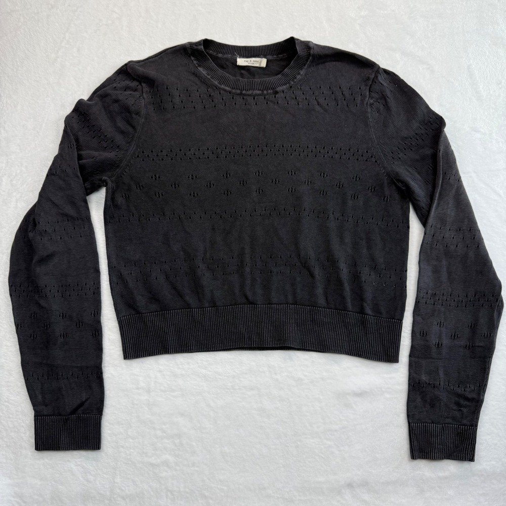 Rag & Bone Eyelet Knit Top Long Sleeve Cotton Blend Sweater Black Large